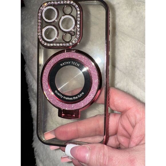 LXK Pink Glitter Clear Phone Case w/ Ring Holder and rhinestone iPhone 15 pro - Picture 3 of 12